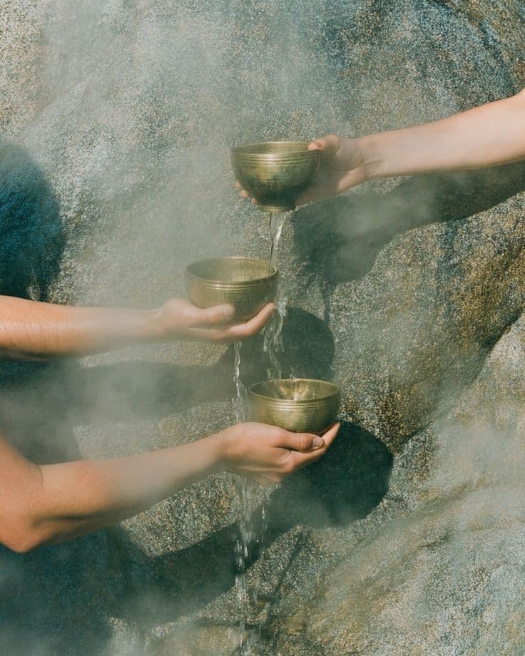 Three hands passing water through golden bowls
